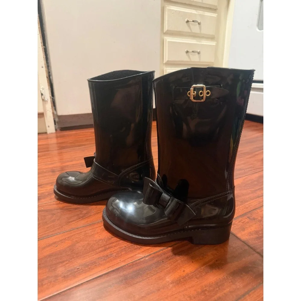 RED Valentino Black Patent Bow Rain Boots Mid Calf Buckle EU 37